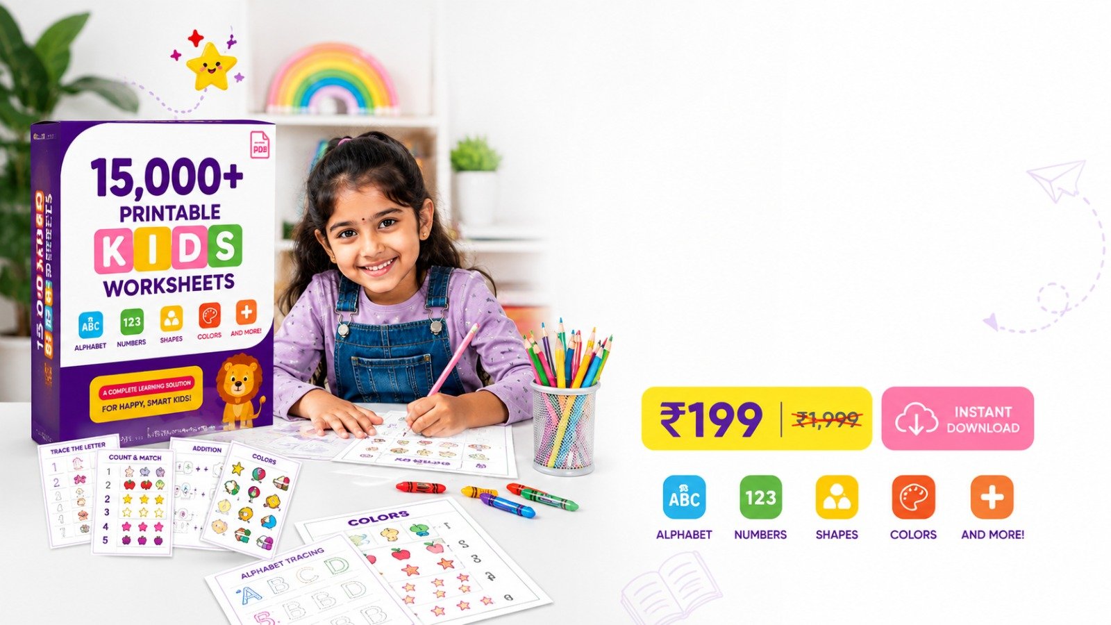 Indian girl happily practicing handwriting and math with printable worksheets at study desk